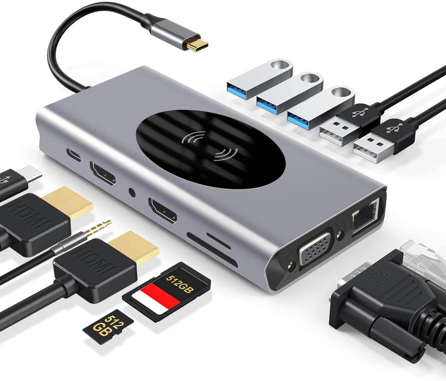 USB C Hub,14 in 1 USB Hub Type C Dongle Adapter with Wireless Charger, USB C Adapter with HDMI 4K 2 Output, RJ45 Ethernet, 87W PD Charger, SD/TF Card Reader with USB 3.0 VGA Ports(Gray)