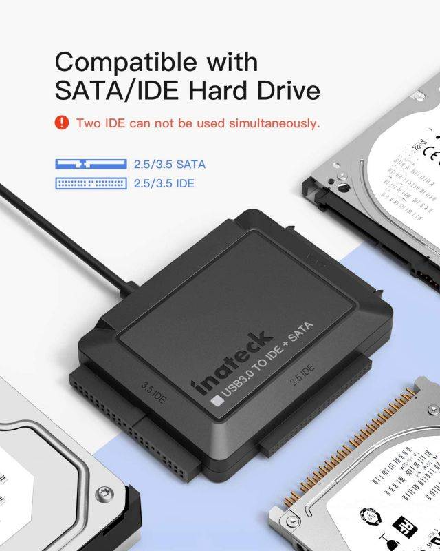 Inateck USB 3.0 to IDE/SATA External Hard Drive Reader Applicable to 2.5"/3.5" HDD/SSD, with 12V/2A Power Supply, SA03001