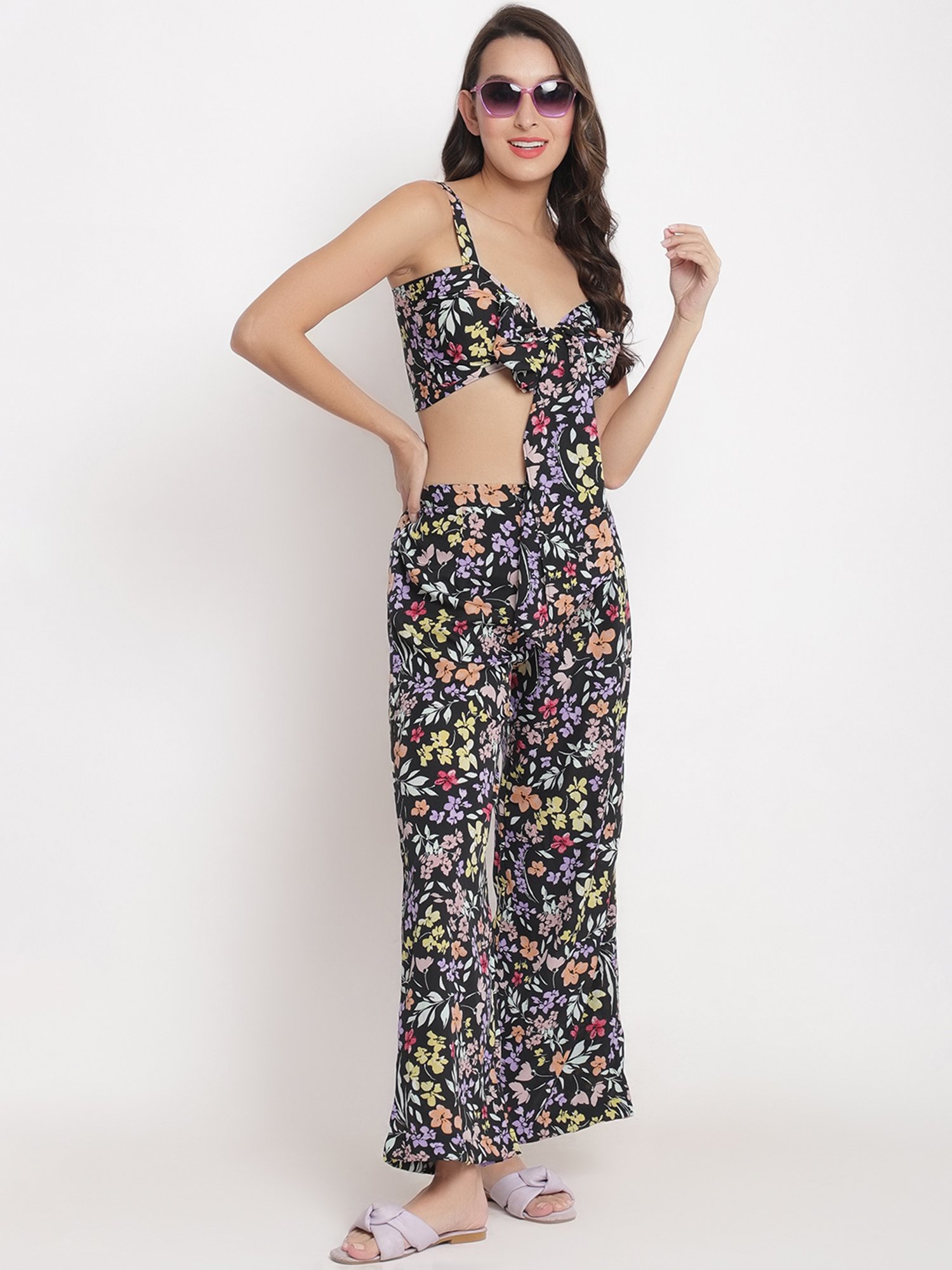 Erotissch Jet Black Floral Print Beachwear Co-Ord Set