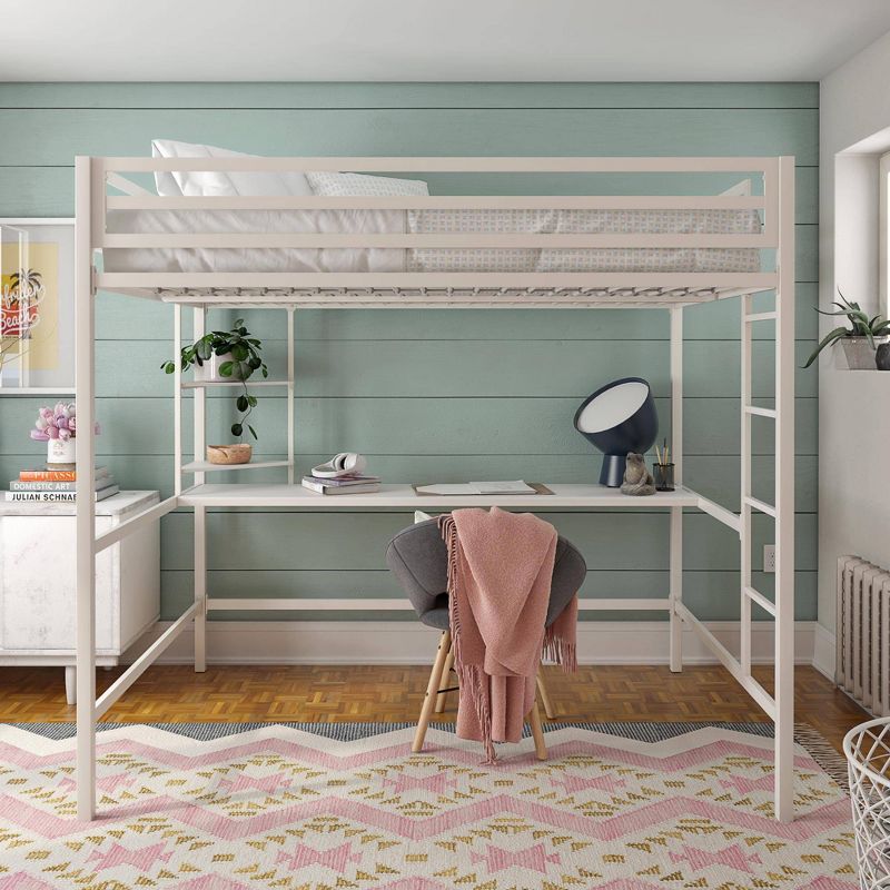 Full Maxwell Metal Loft Bed with Desk & Shelves White - Novogratz