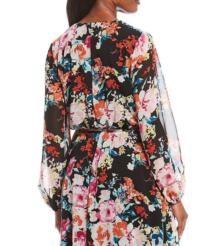 Marina Long Sleeve Floral Faux Wrap Ankle Length Dress