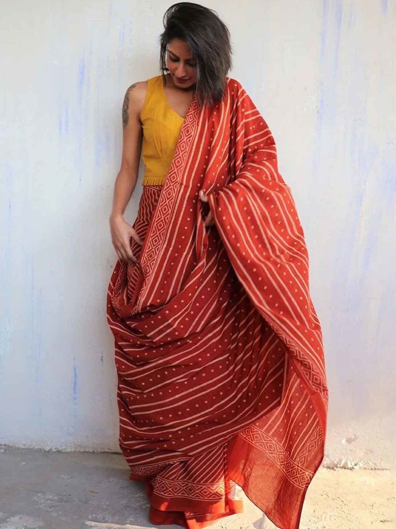 Chidiyaa Rust Block Printed Cotton Mulmul Saree - Butterfly Girls