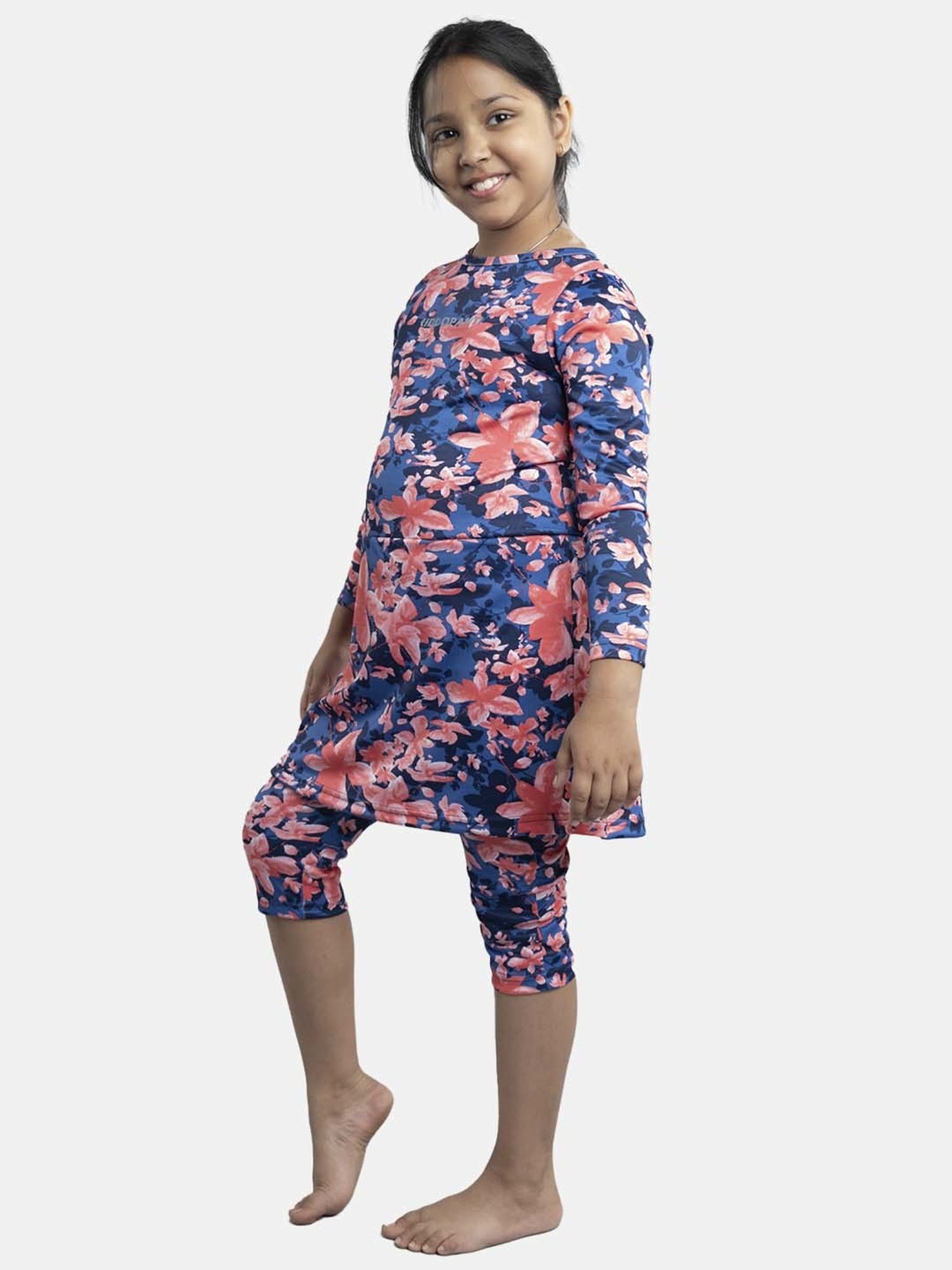 Kiddopanti Kids Blue & Peach Floral Print Full Sleeves Swim Dress