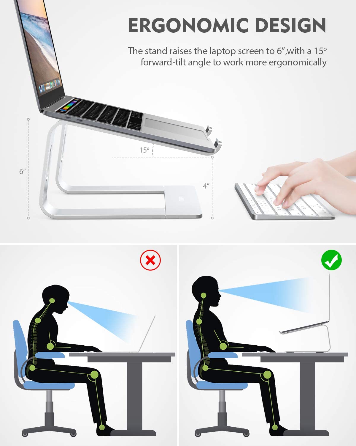 Laptop Stand, Ergonomic Aluminum Laptop Mount Computer Stand for 10-15.6" Laptops, Detachable Laptop Riser Notebook Holder Stand Compatible with MacBook Air Pro, Dell XPS, Lenovo More