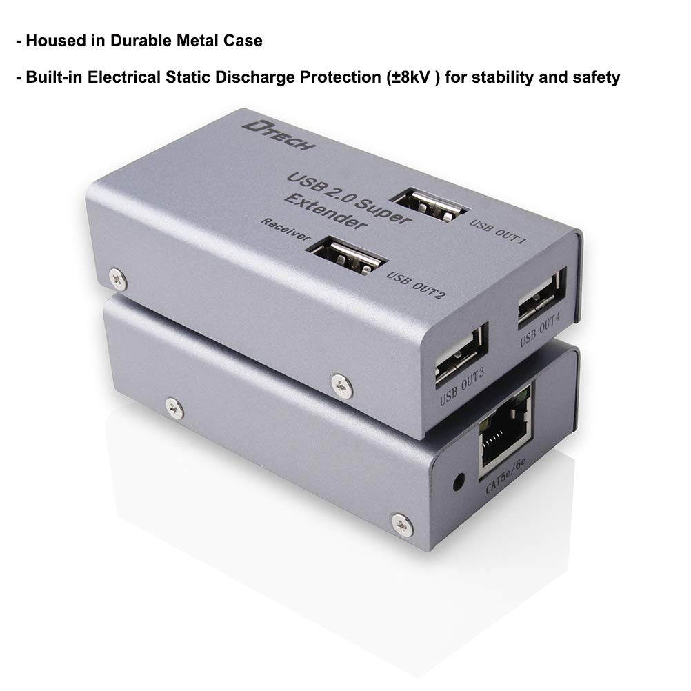 DTECH Multi USB Signal Extender Over Ethernet Cat5 Cat6 Cable up to 164 ft Extension with 4 Expansion USB A 2.0 Port Data Hub Power Supply Adapter for Computer Webcam Camera Hard Drive Keyboard Mouse