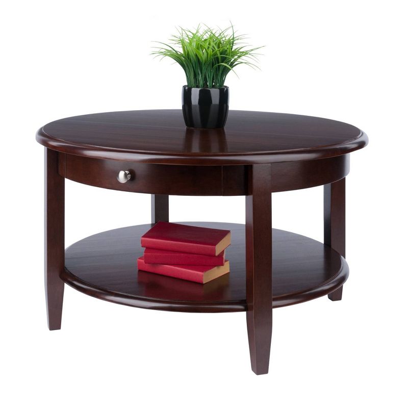 Concord Round Coffee Table with Drawer and Shelf - Antique Walnut - Winsome