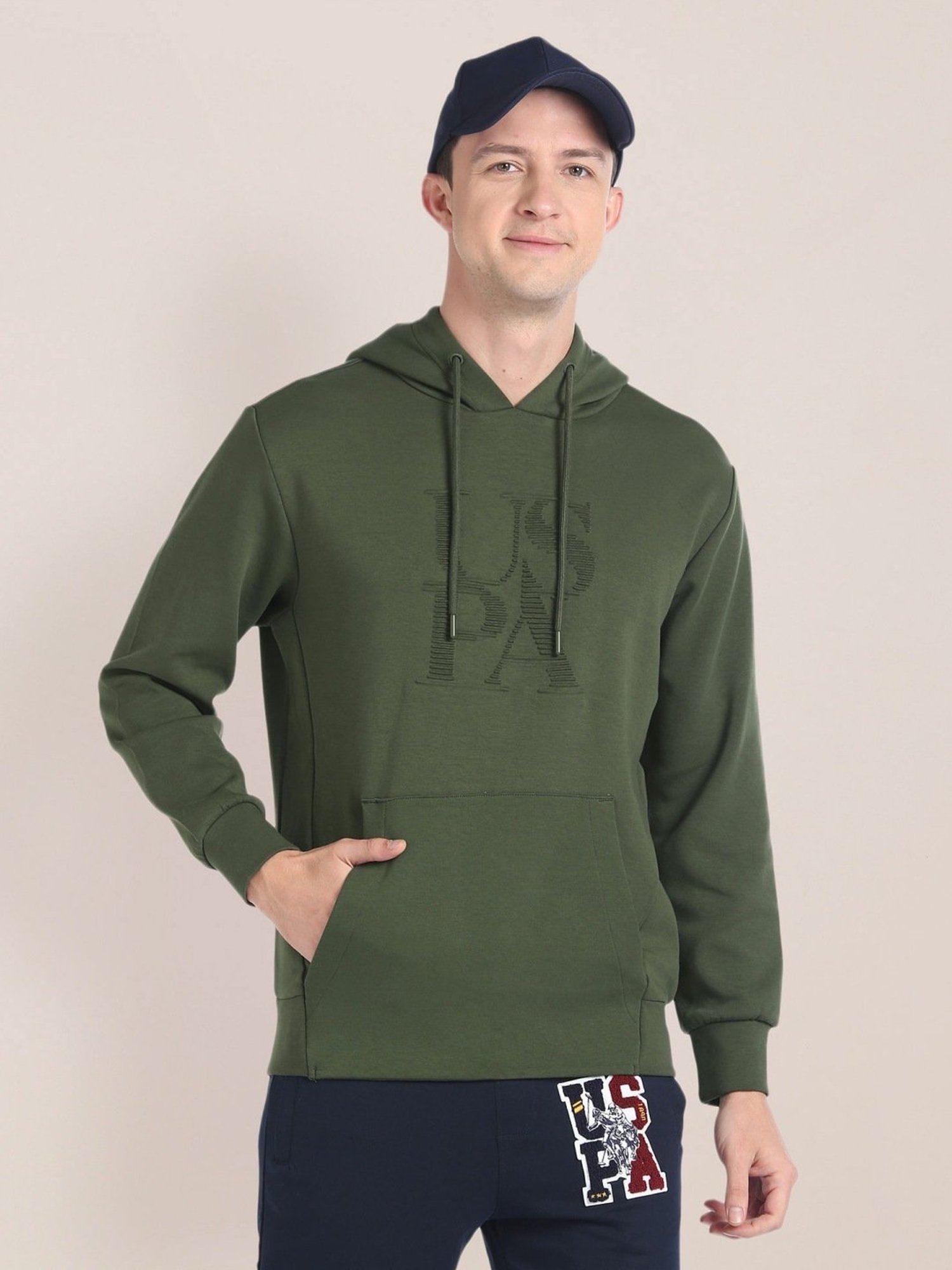 U.S. Polo Assn. Olive Cotton Regular Fit Printed Hooded Sweatshirt
