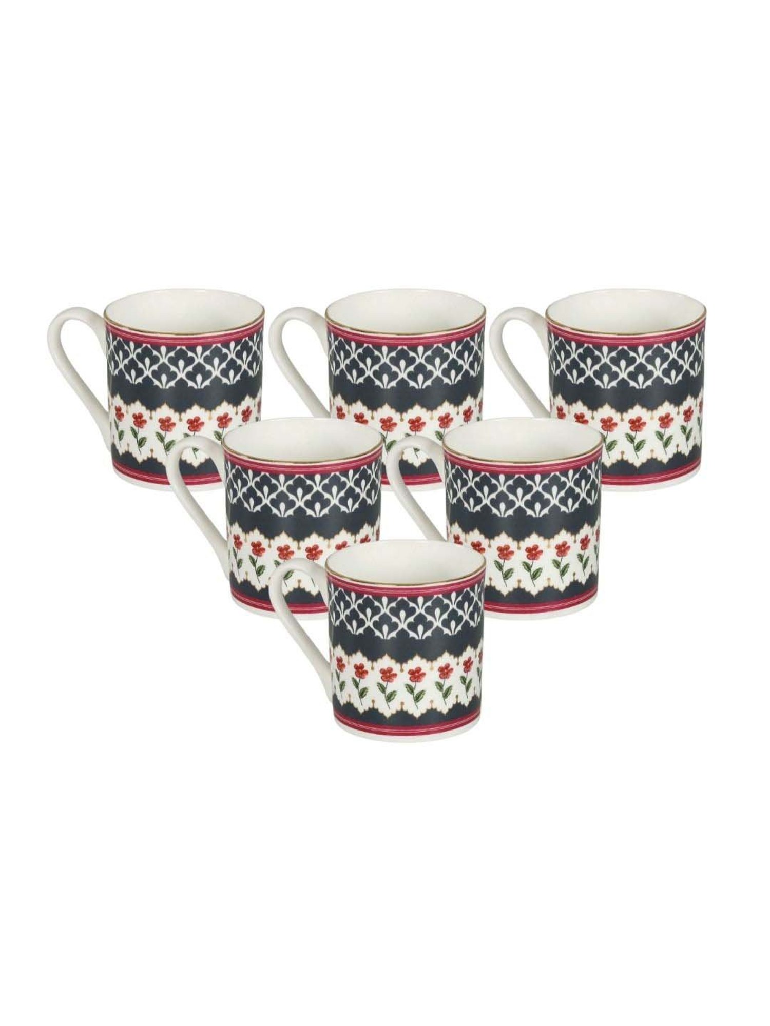 India Circus Black & White Ceramic 10 cm Coffe Mug (0.22 L) - Set of 6