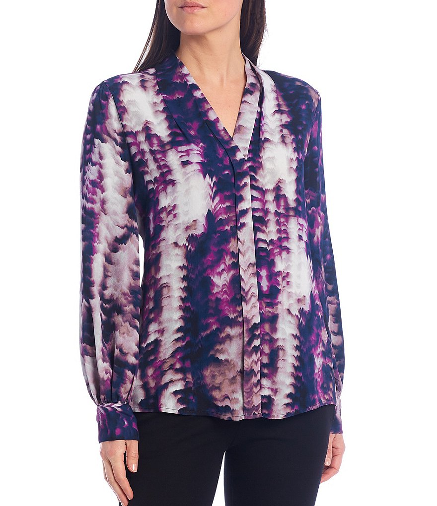 Donna Karan New York Abstract Print V-Neck Long Sleeve Blouse
