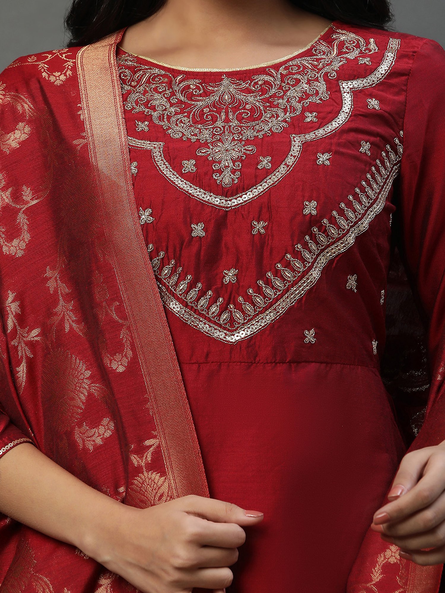 Aurelia Red Embroidered Kurta Pant Set With Dupatta