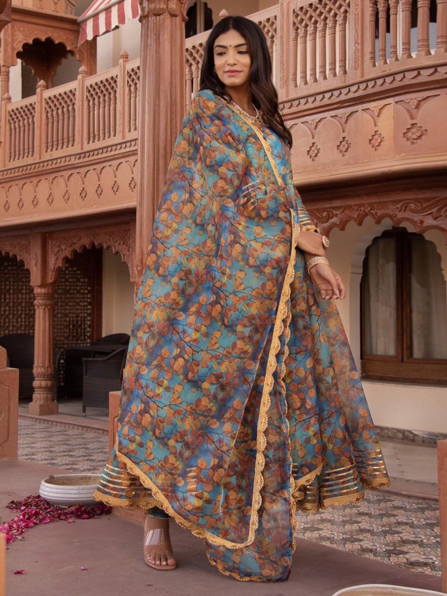 Calmna Fall Blue Organza Gotapatti Anarkali Suit Set