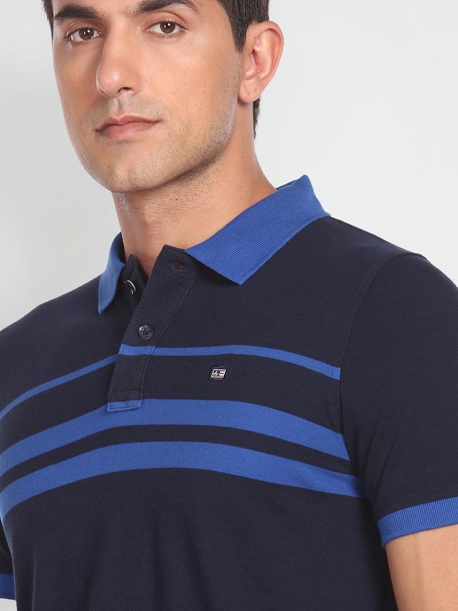 Arrow Sport Blue Cotton Regular Fit Striped Polo T-Shirt