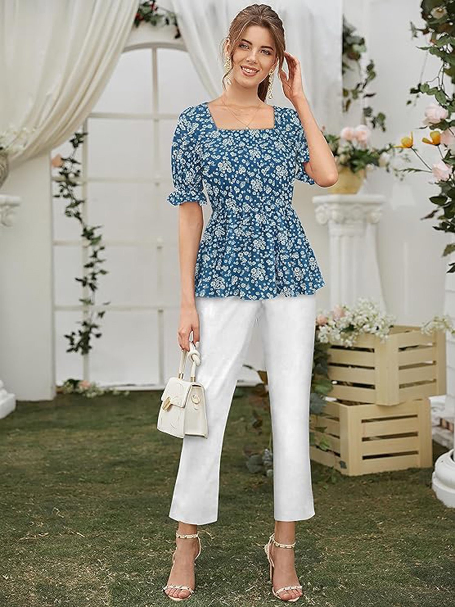 KERI PERRY Blue Cotton Floral Print Top