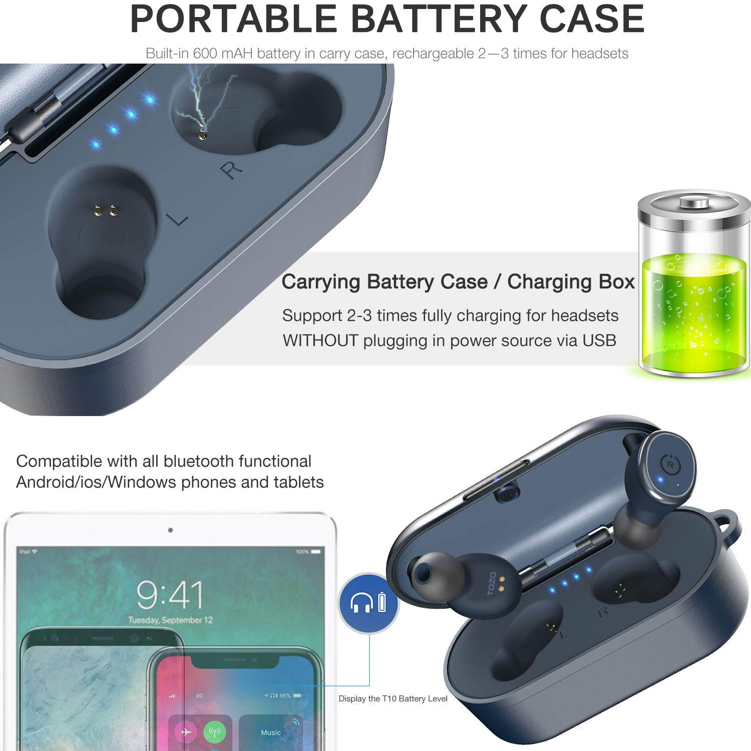 TOZO T10 Bluetooth 5.0 Wireless Earbuds with ?Wireless Charging Case Waterproof TWS Stereo Headphones in-Ear Built-in Mic Headset Premium Sound with Deep Bass for Sport