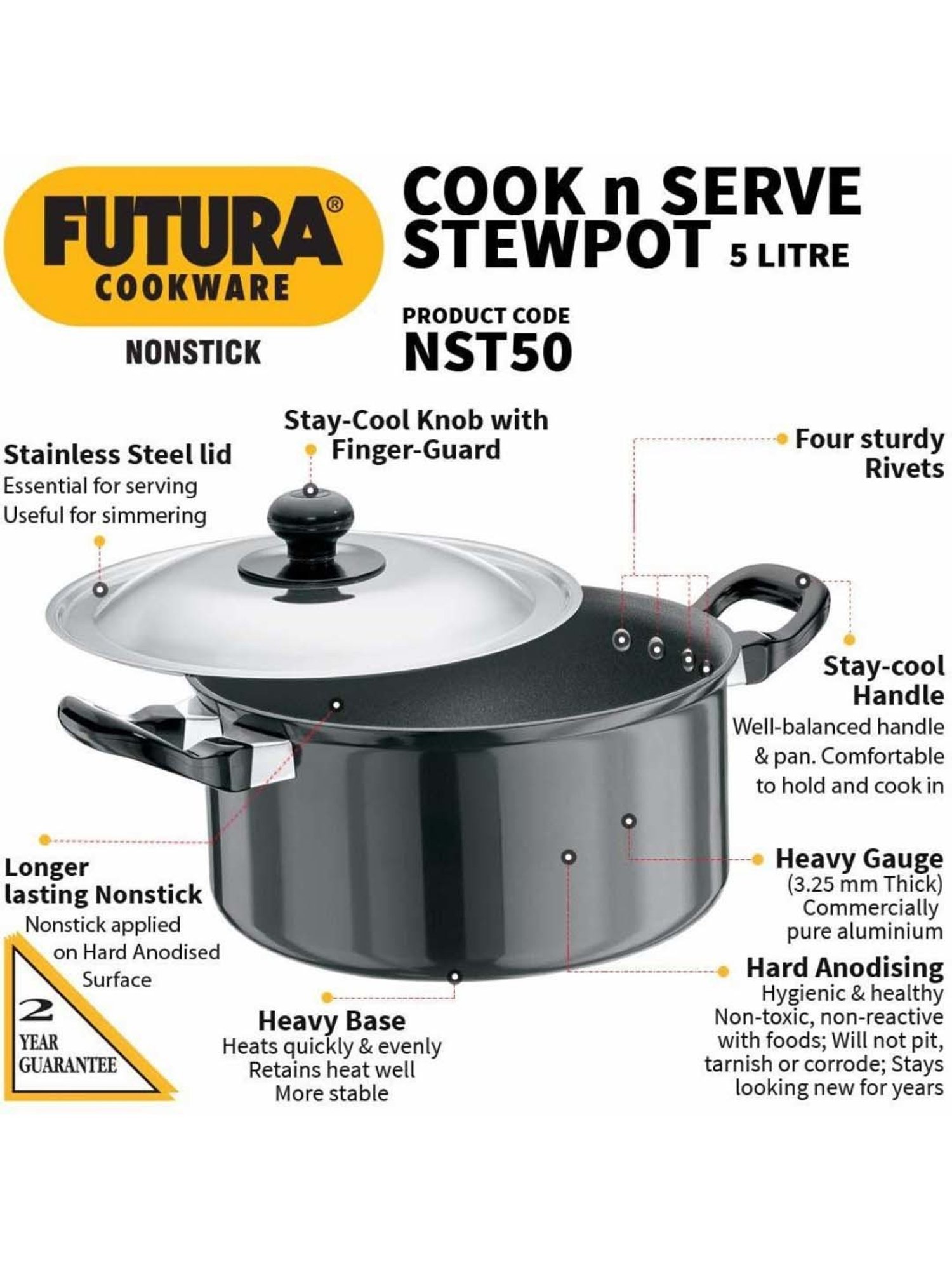 Hawkins Black Hard Anodised 24.6 cm Non-Stick Stewpot (5 L) - Set of 1