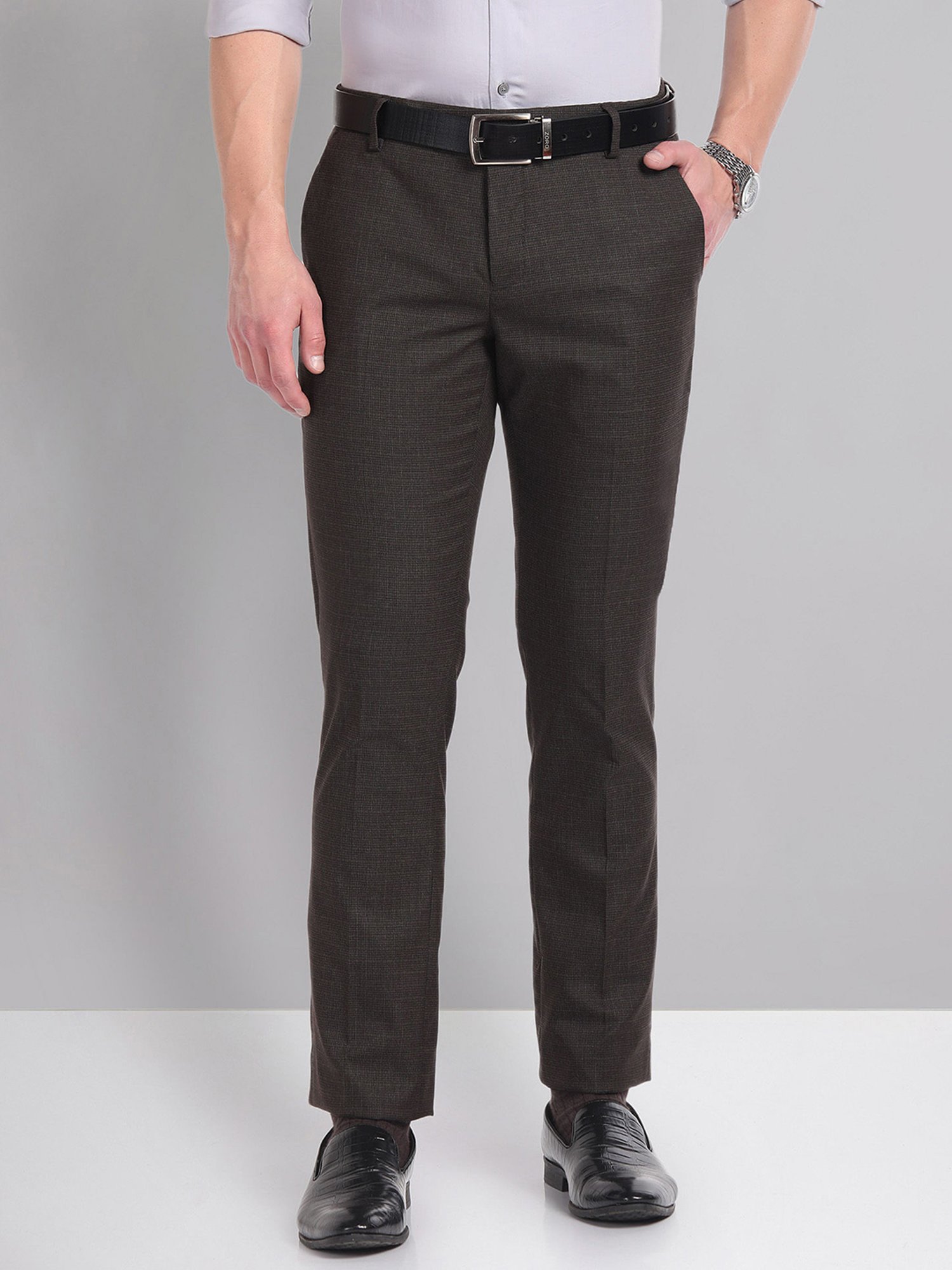 AD by Arvind Brown Slim Fit Flat Front Trousers