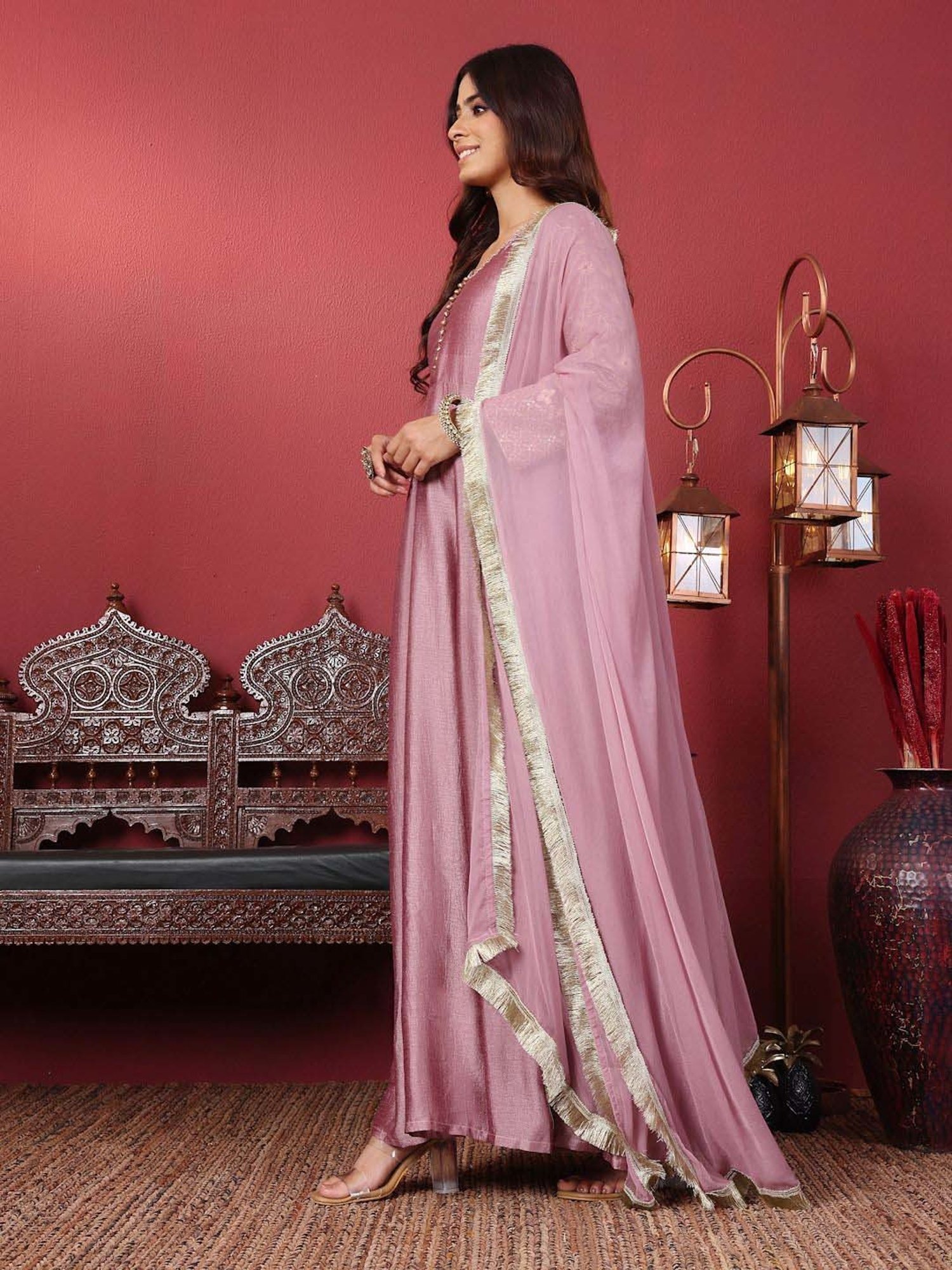 Varanga Mauve Embroidered Anarkali Kurta with Dupatta