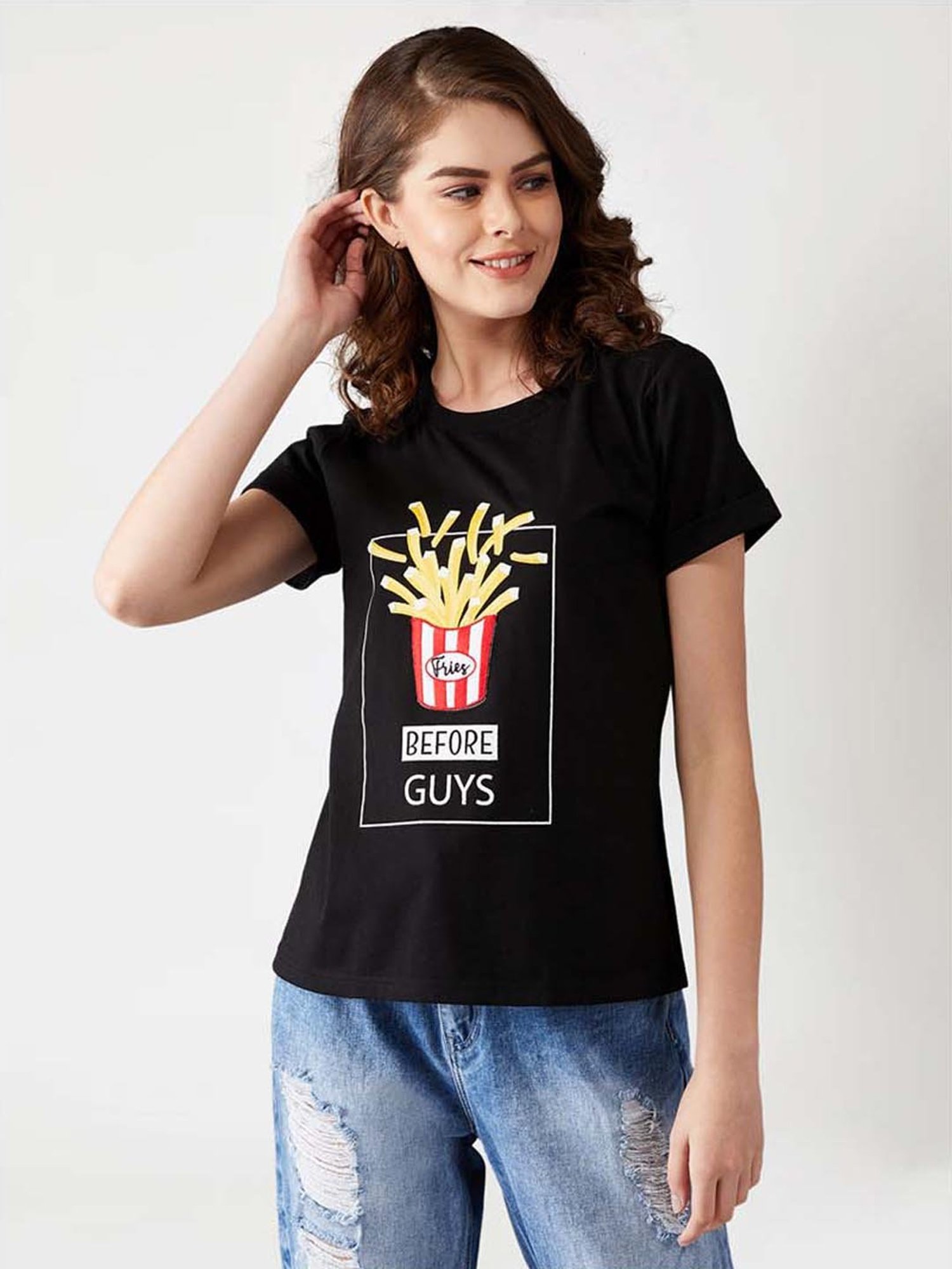 Miss Chase Black Cotton Printed T-Shirt