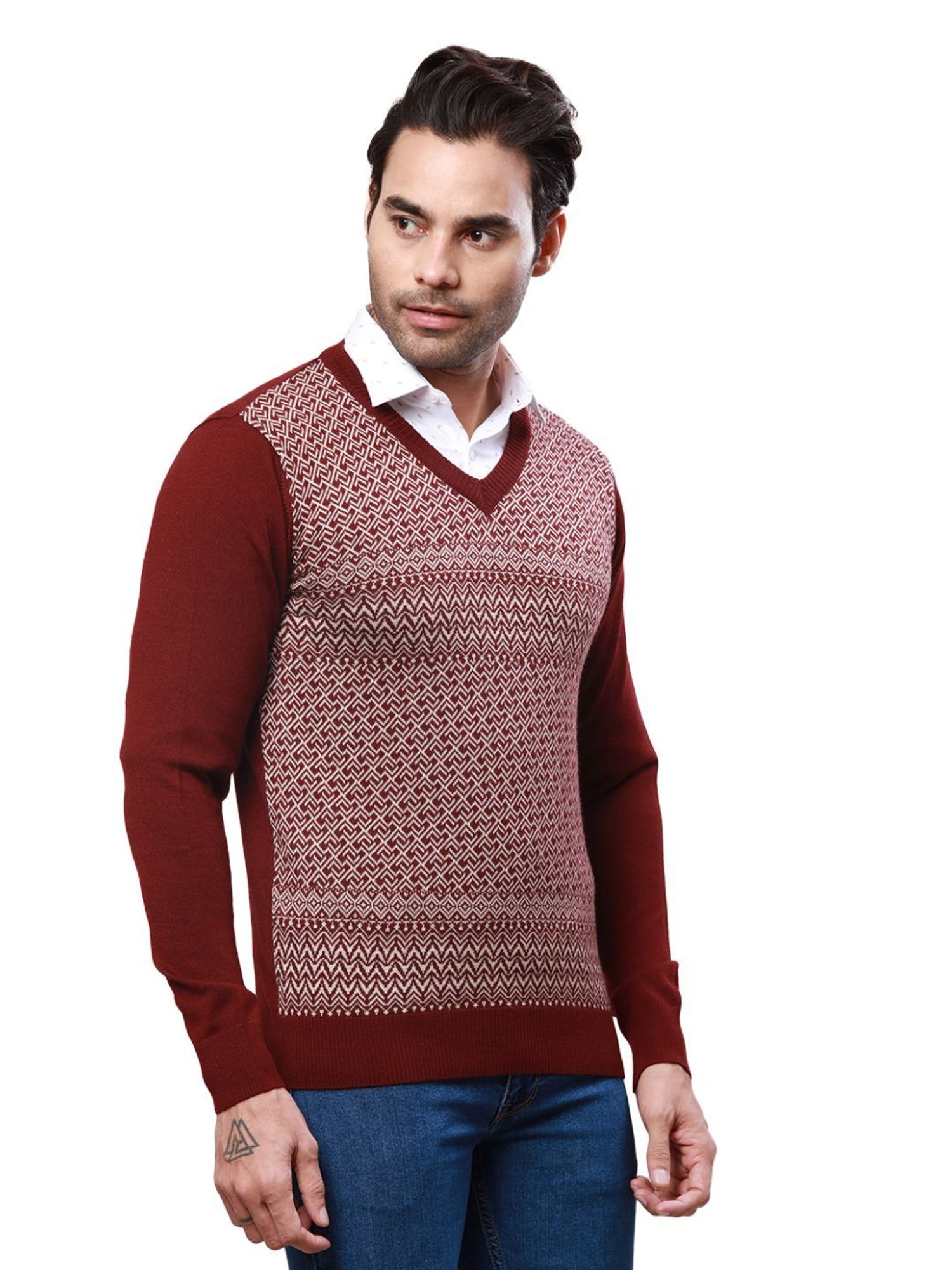 Raymond Maroon Regular Fit Self Pattern Sweater