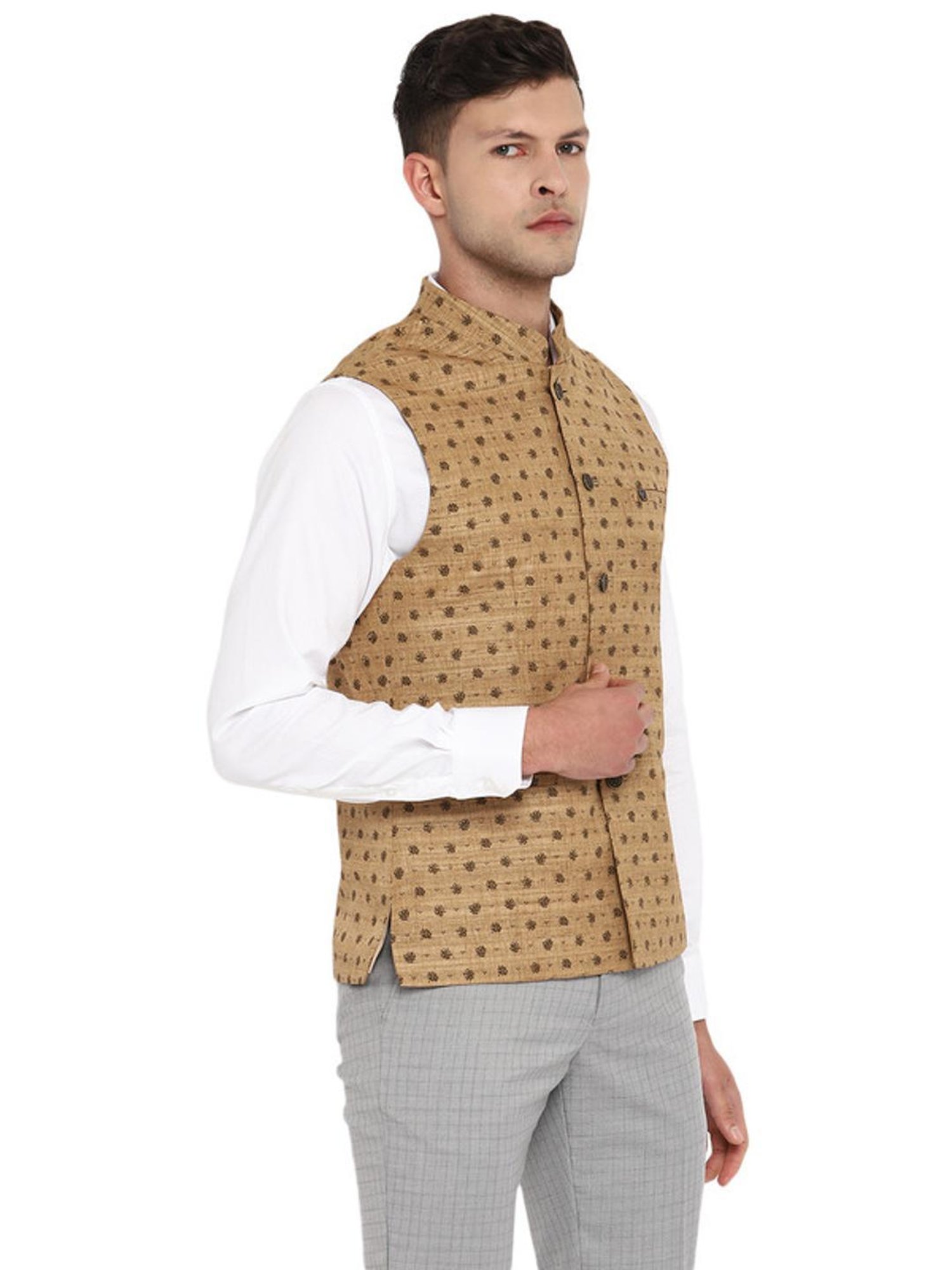 Turtle Beige Cotton Slim Fit Printed Nehru Jacket