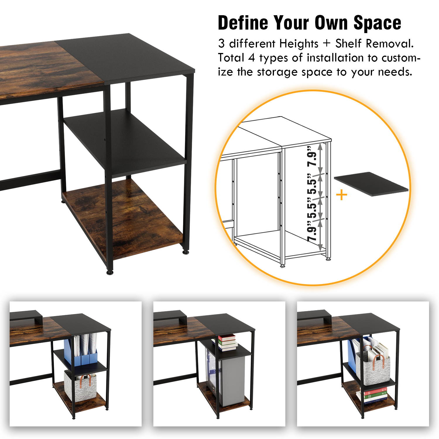 Bestier 55 Inch Home Desks with Monitor Stand & Storage Shelves, Sturdy Rustic Desk, Home Office Laptop Desk, Easy to Assemble, Rustic Brown & Black