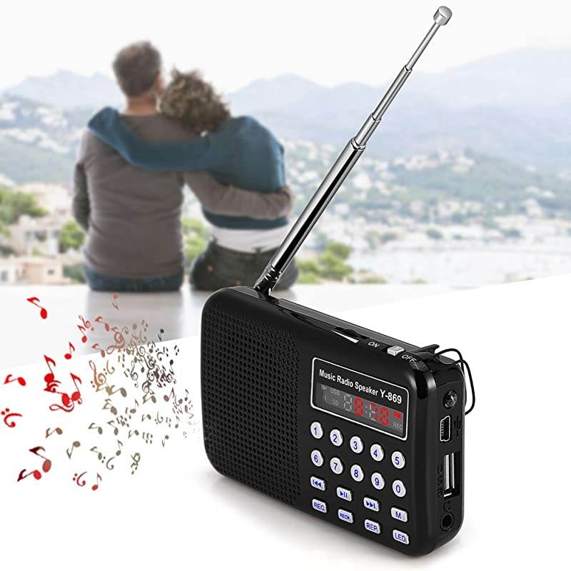 Mini Digital AM FM Pocket Radio Portable Speaker Support FM Radio TF Card USB Disk with LED Screen Display and Emergency Flashlight Function