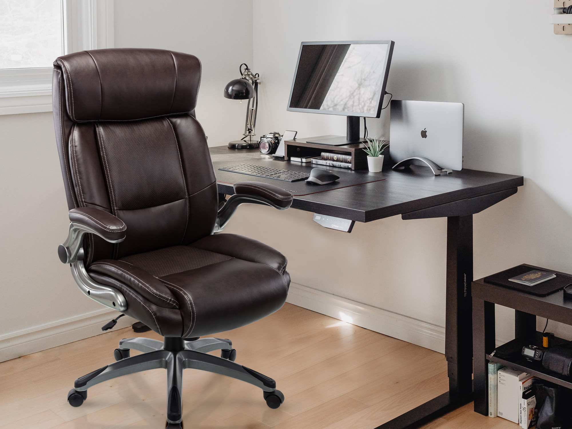 Height Adjustable High Back Computer Office Chair - Flip-Up Armrest Thick Padded Seat and Back Support, Swivel Bonded Leather Executive Task Chair