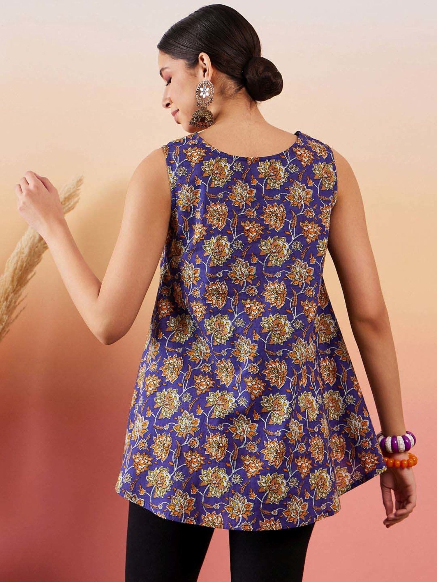 Inweave Royal Blue Cotton Floral Print Top