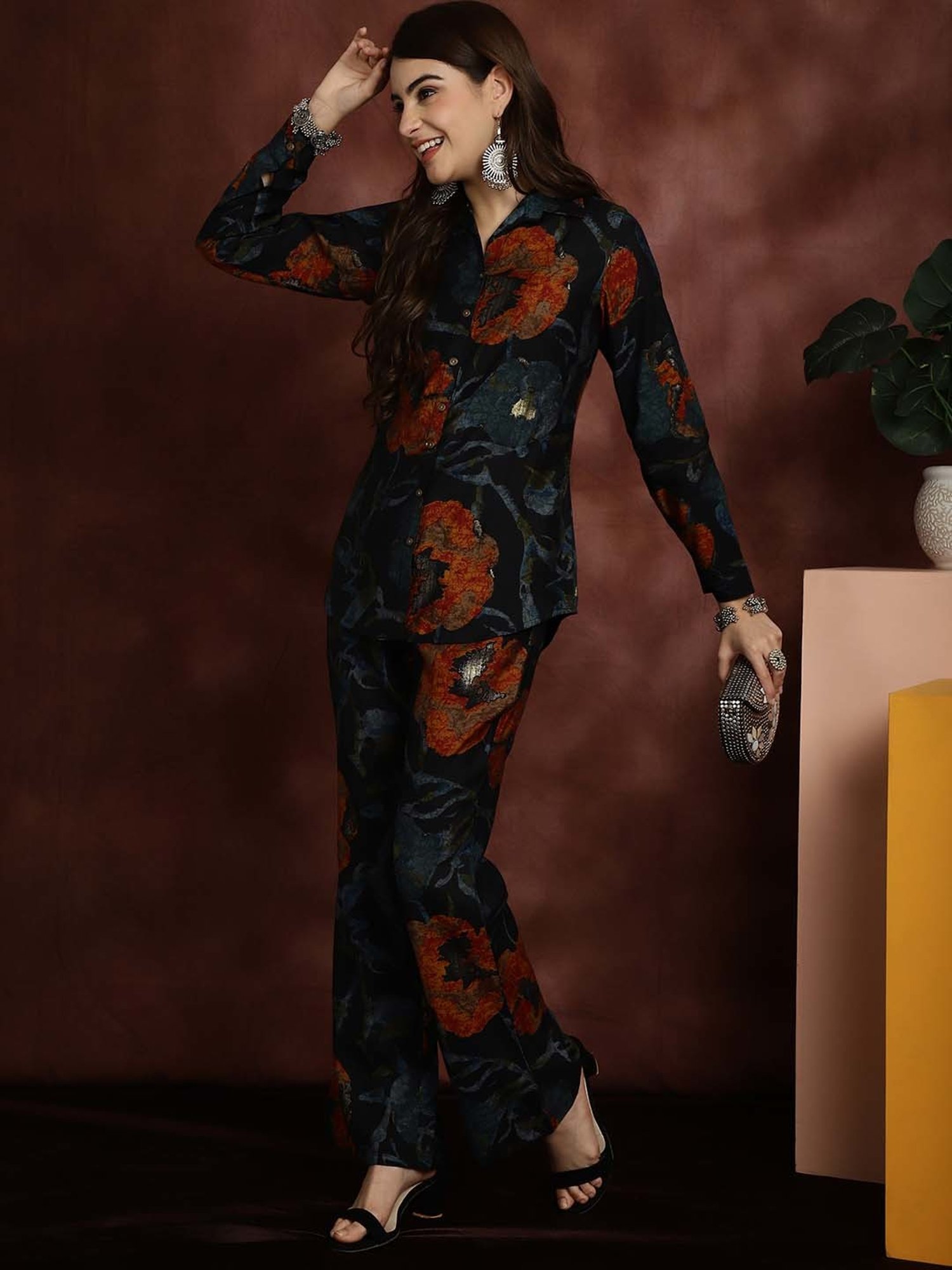 Claura Navy Printed Shirt Pant Set