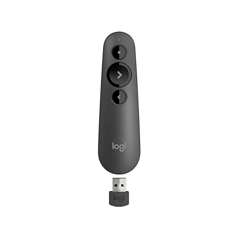 R500 Laser Presentation Remote Clicker with Dual Connectivity Bluetooth or USB for Powerpoint Keynote Google Slides Wireless Presenter Black