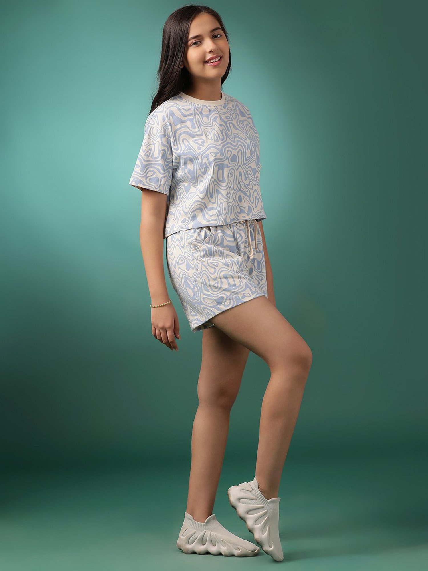 Lil Tomatoes Girls Blue & White Printed Top with Shorts