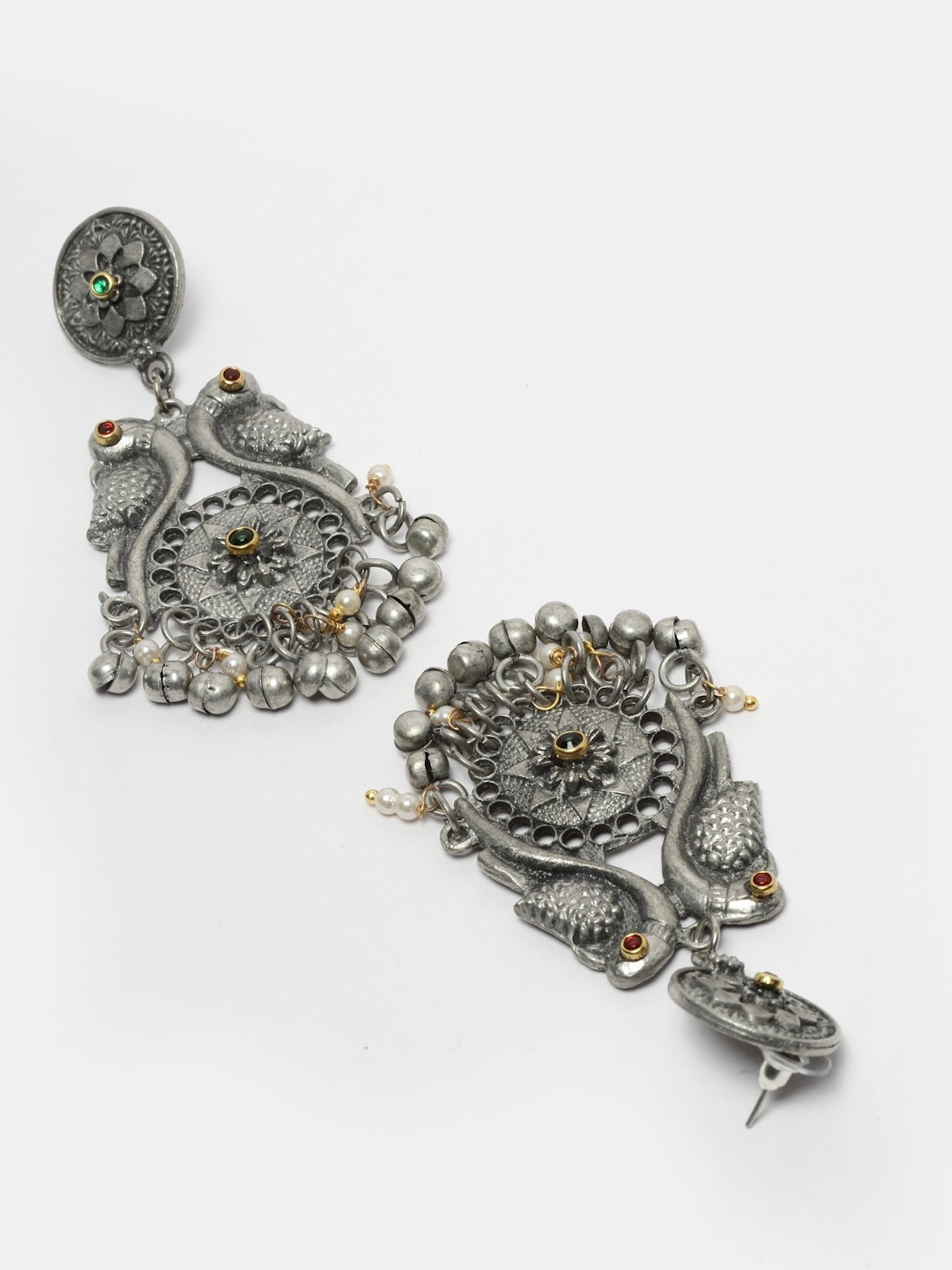 Moedbuille Crystal Ghungroo & Pearl Studded Peacock Design Silver-Plated Antique Dangler Earrings