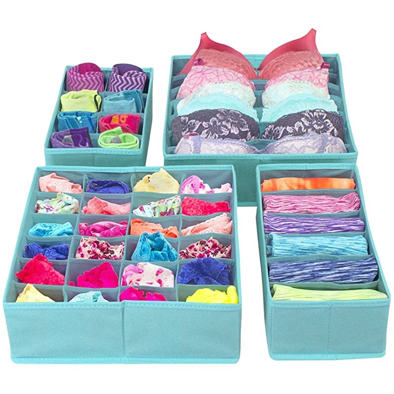Set of 4 Foldable Drawer Dividers, Storage Boxes, Closet Organizers, Under Bed Organizer (Aqua)