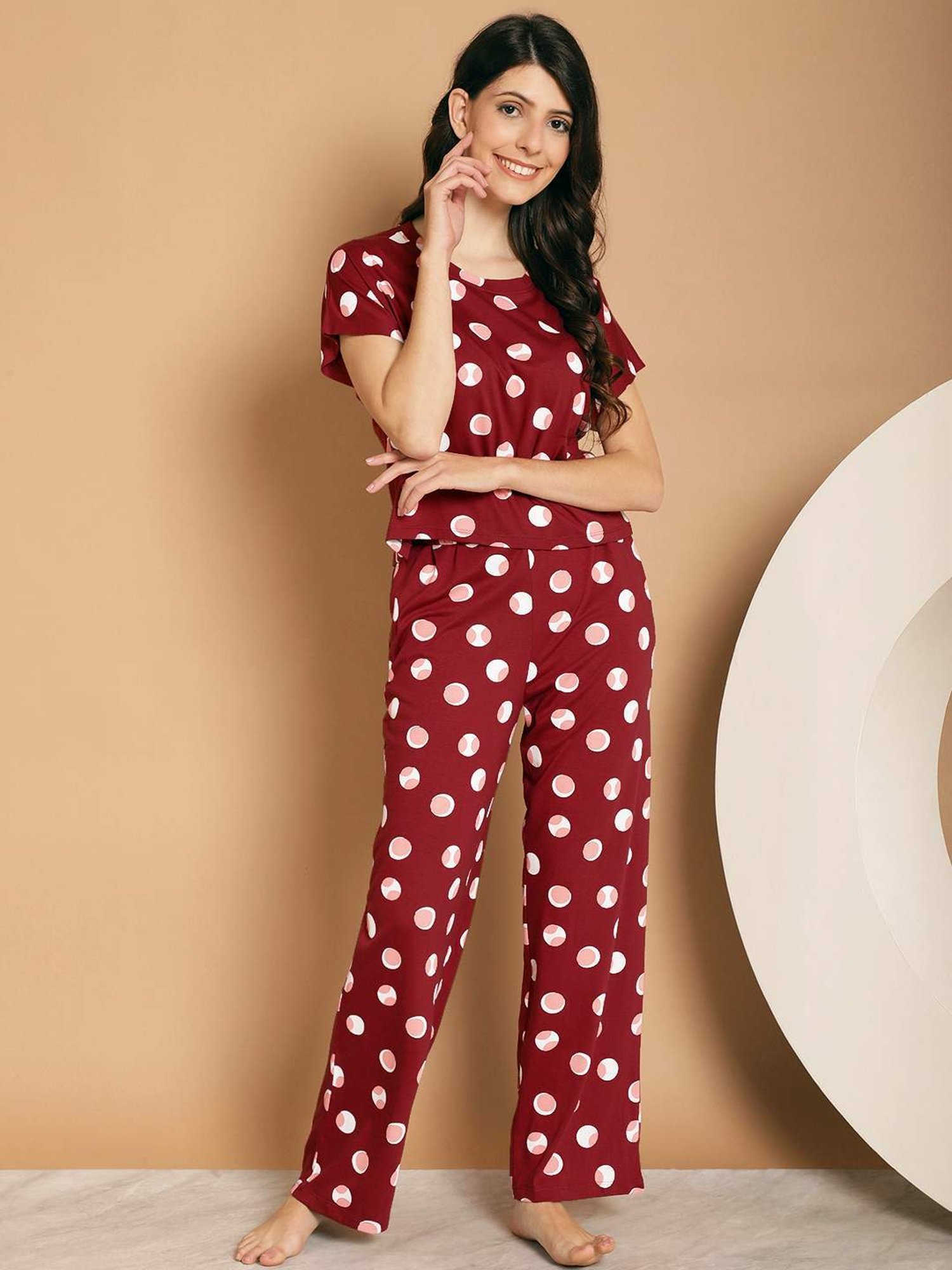 Kanvin Maroon Cotton Printed Top Pyjamas Set