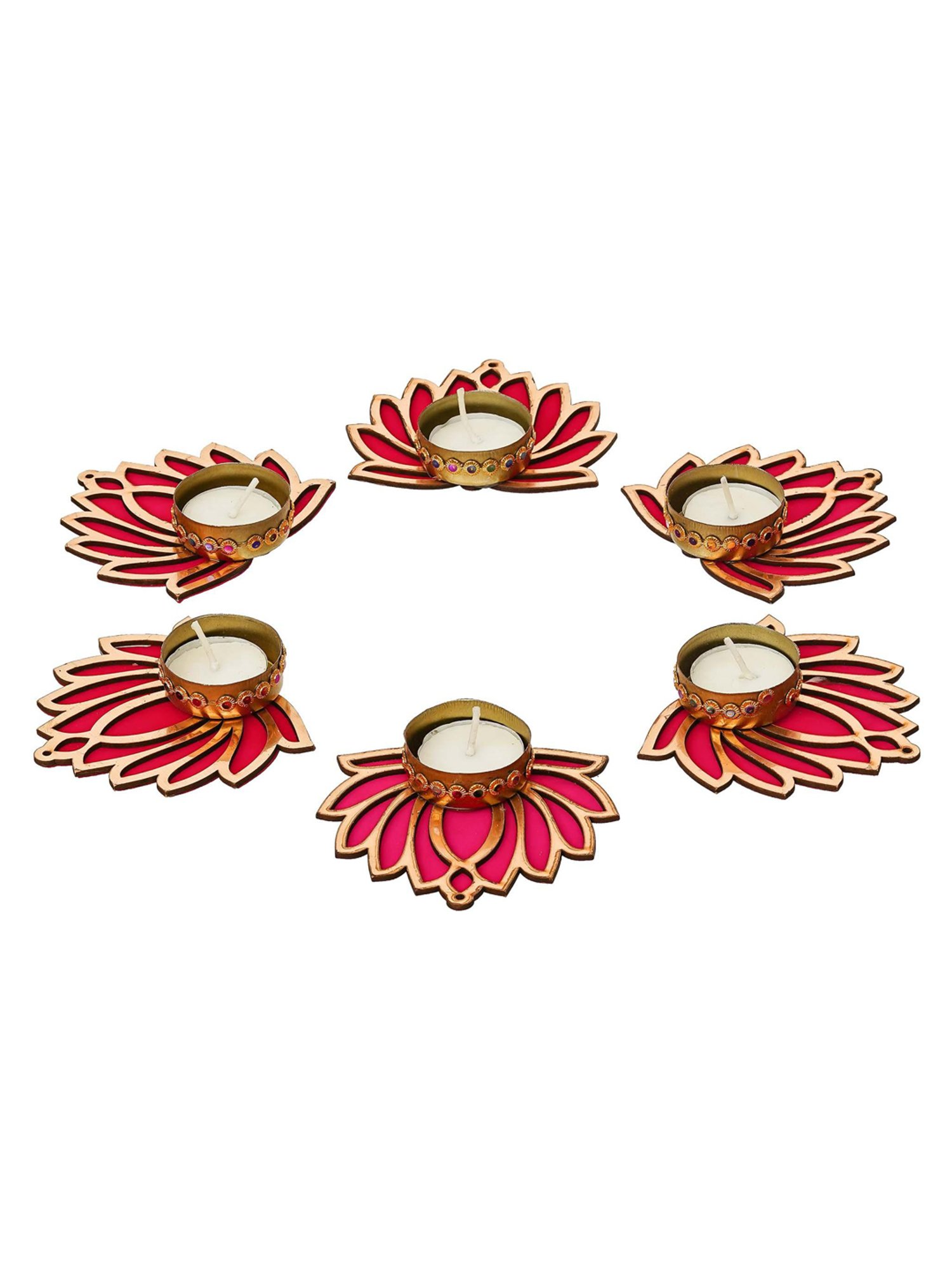 eCraftIndia Golden & Pink Lotus Flower Decorative Tea Light Candle Holders (Set of 8)