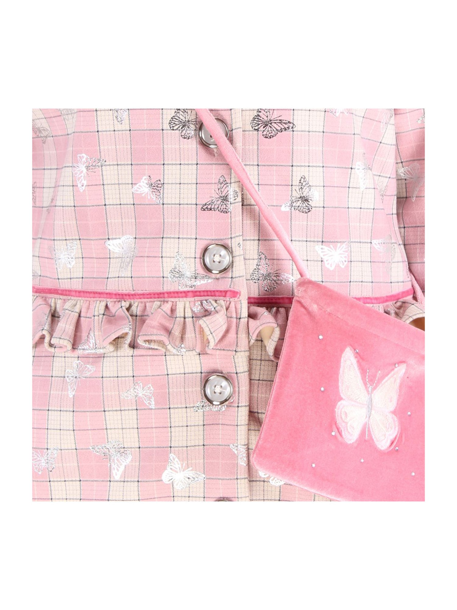 Cutecumber Kids Pink Check Full Sleeves Dress with Sling Bag