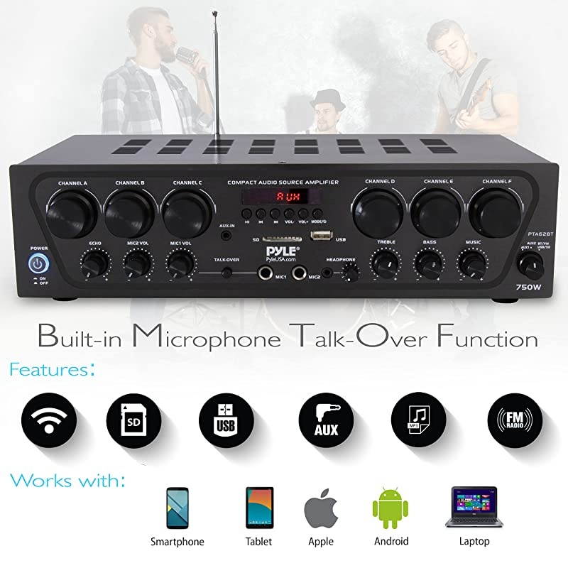 Wireless Bluetooth Karaoke-6 Channel 750 Watt Home Audio Sound Power Stereo Receiver Amplifier w/USB, Headphone, 2 Microphone Input w/Echo, Talkover for PA PTA62BT