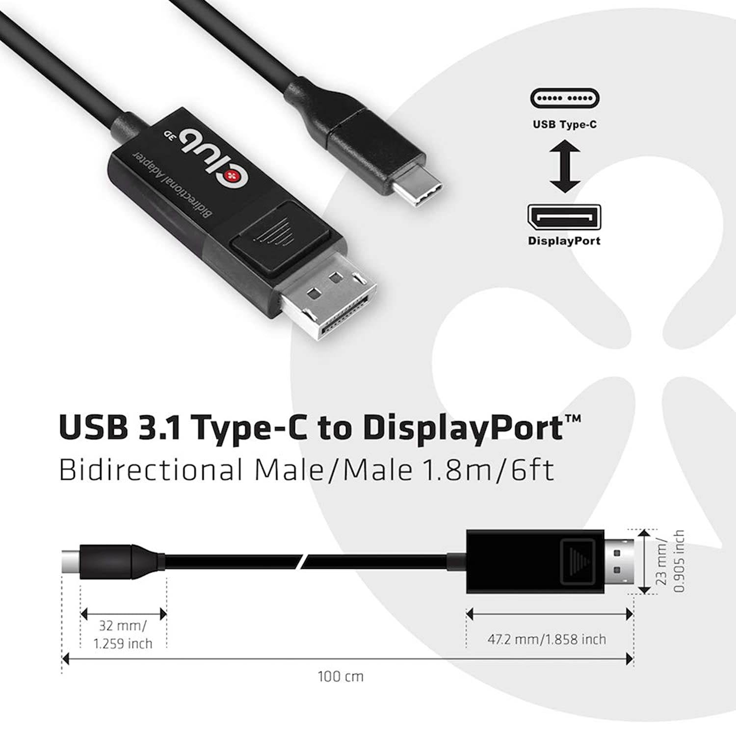 Club 3D USB C to Displayport Cable 1.4 8K 60Hz, 4K 120Hz and Displayport to USB C bi-Directional 1.8 Meter/6 Feet HDR Support.