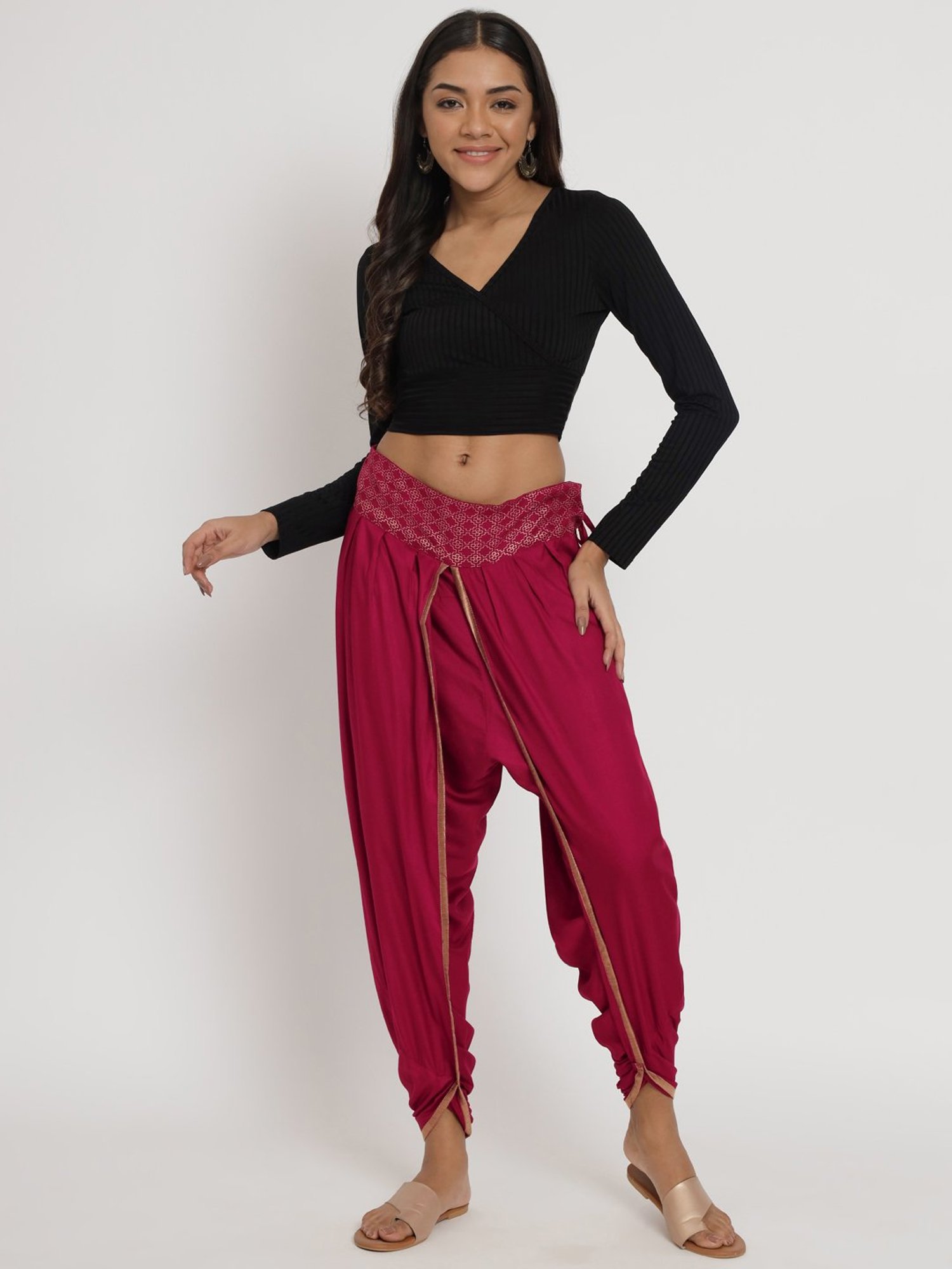 9rasa Maroon Hand Block Print Dhoti Pants