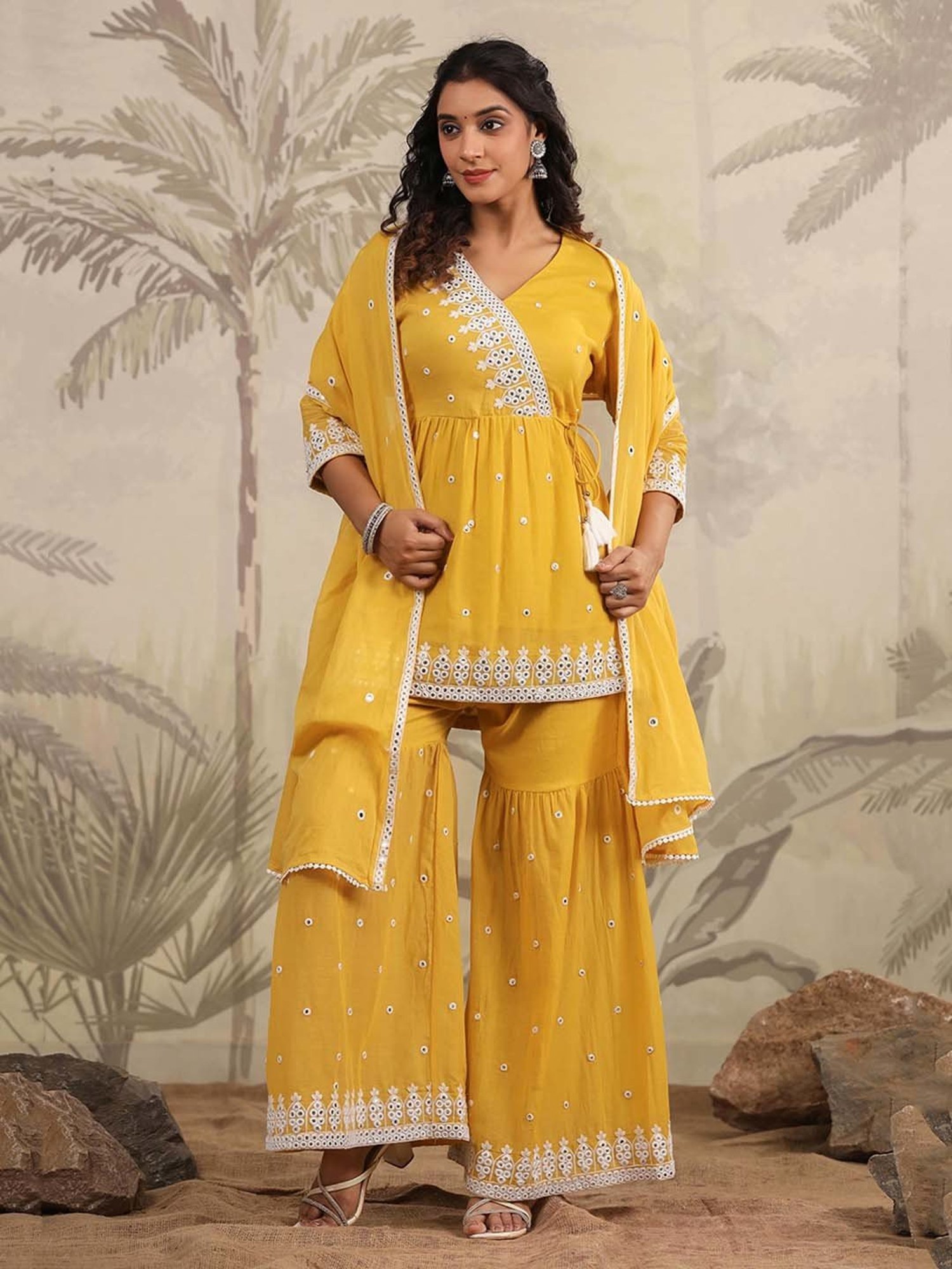 SCAKHI Yellow Embroidered Kurta With Sharara & Dupatta