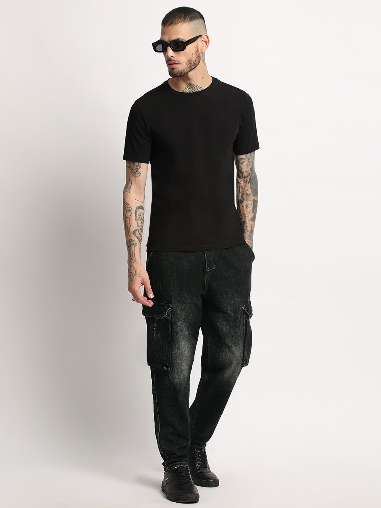 The Bear House Black Cotton Regular Fit Cargo Jeans