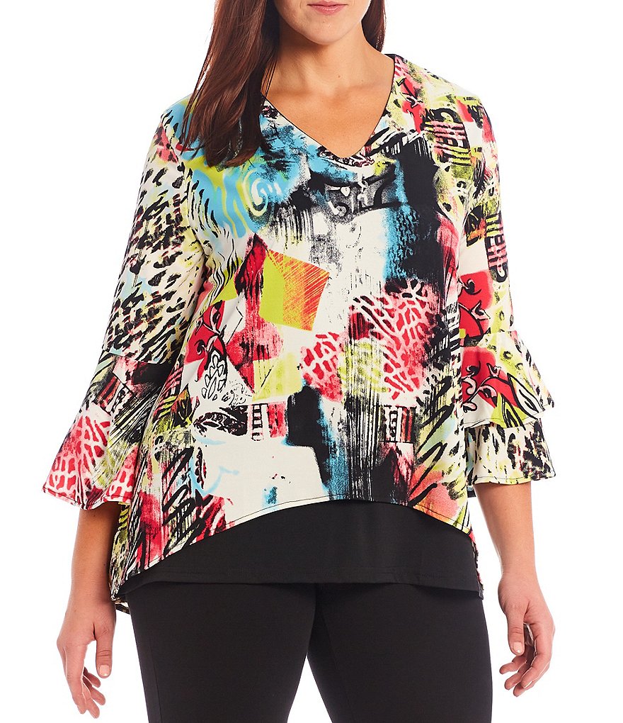 Calessa Plus Size Abstract Print V-Neck Bell Cuff 3/4 Sleeve Knit Mesh Overlay Tunic