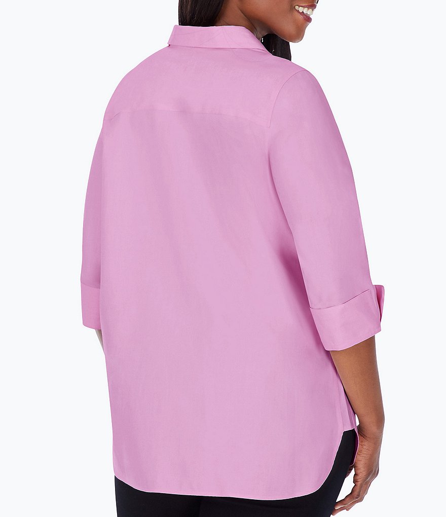 Foxcroft Plus Size Pandora 3/4 Sleeve Spread Point Collar Neck Button Front Shaped Tunic
