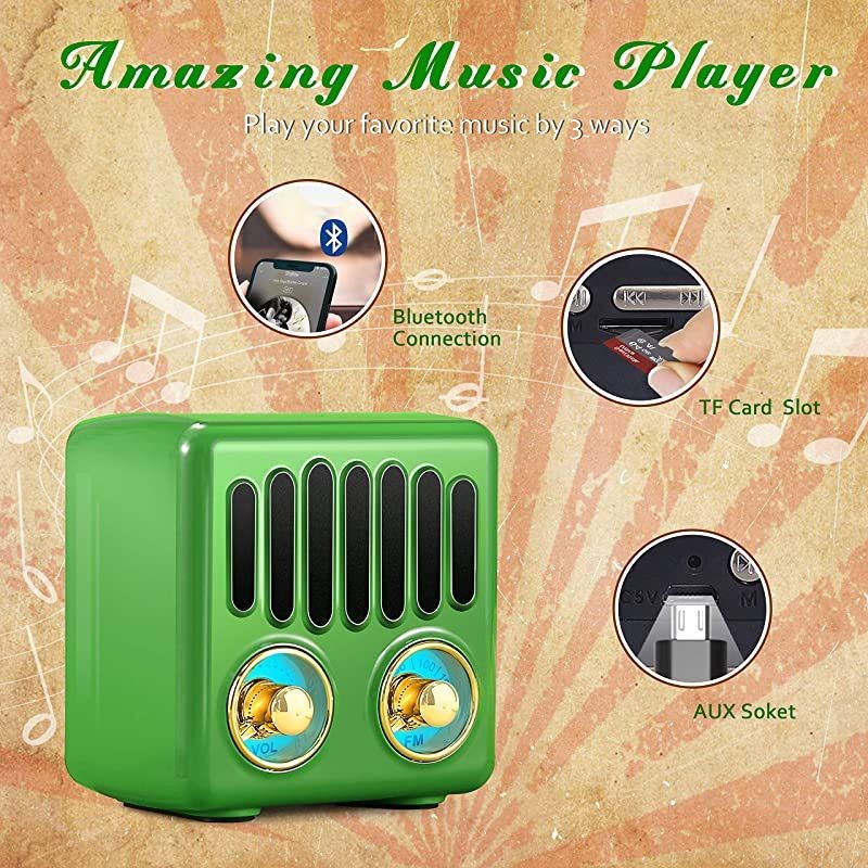 Vintage Radio Retro Bluetooth Speaker  FM Radio with Bluetooth 42 Old Fashioned Classic Style Good Bass Enhancement Loud Volume TF CardAUX Portable for Home Office Kitchen Green