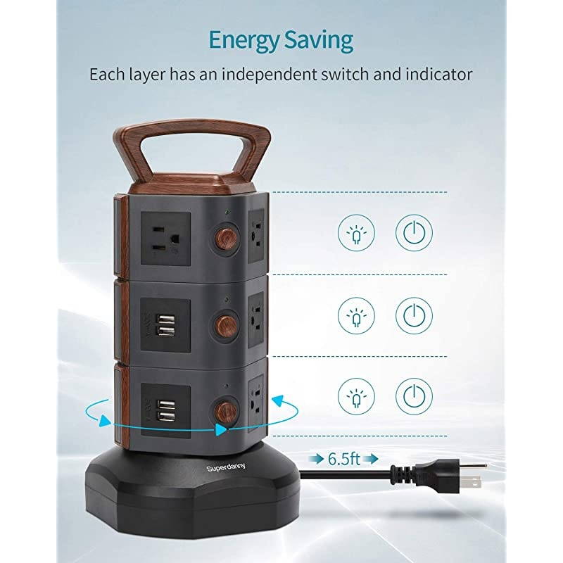 Power Strip Tower  Surge Protector Vertical Charging Station with 10 Outlets 4 USB Ports 65ft Retractable Extension Cord Desktop Plug Bar with Wood Grain for Home Office Dorm Room Hotel