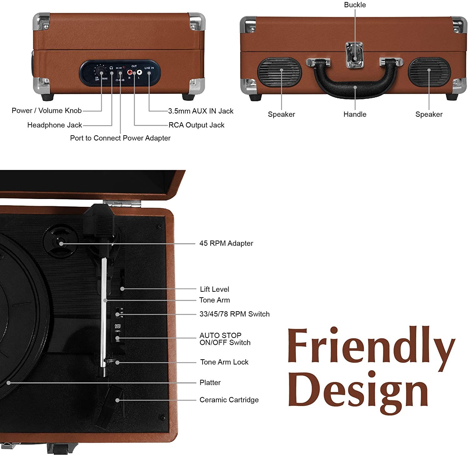 LP&No.1 Portable Suitcase Turntable with Stereo Speaker,3 Speeds Belt-Drive Vinyl Record Player Blue