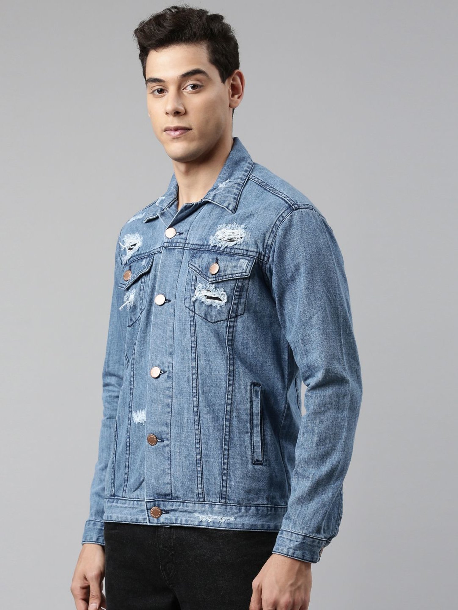 CINOCCI Blue Cotton Slim Fit Distressed Denim Jacket