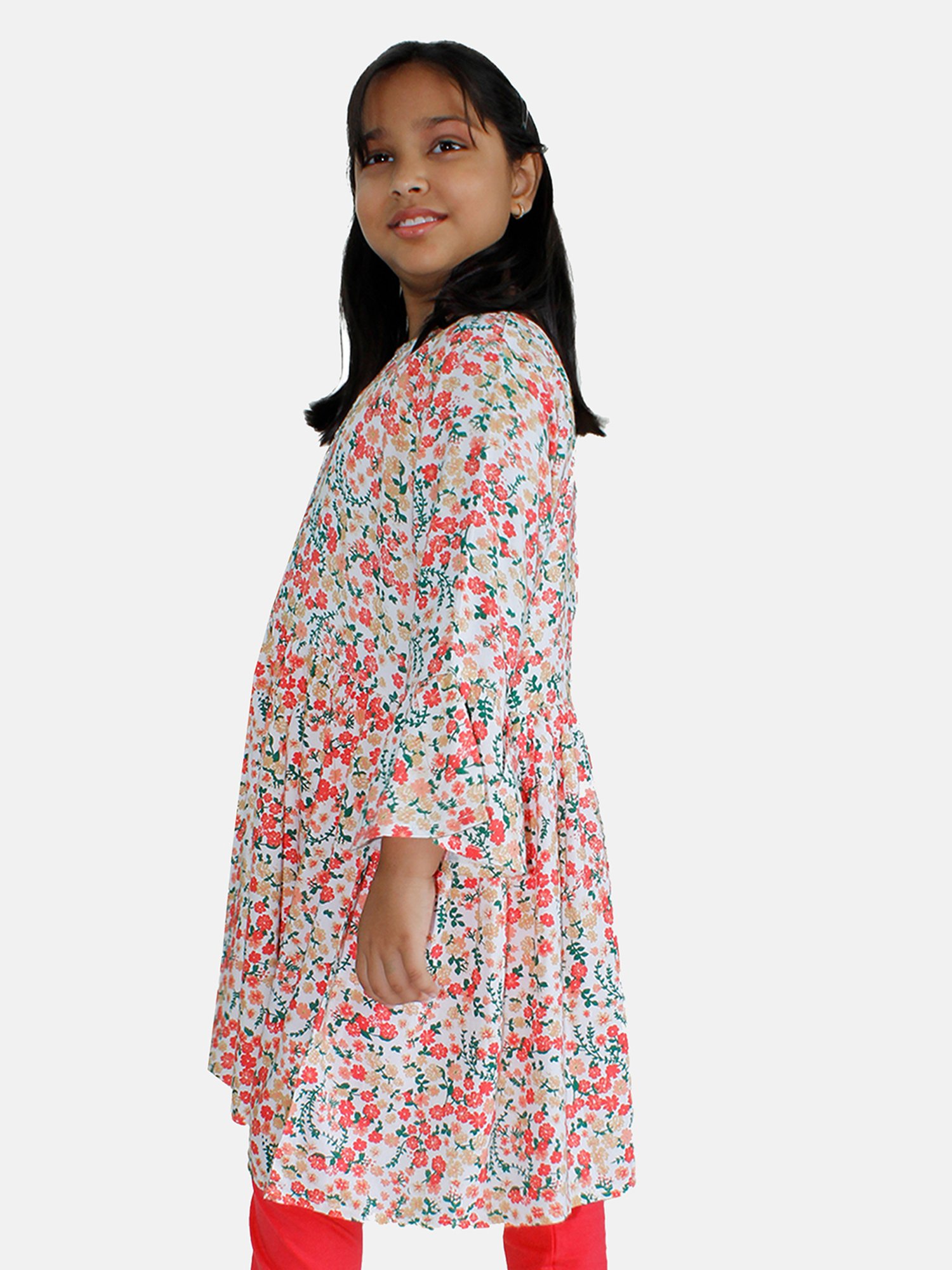 Kiddopanti Kids White & Orange Floral Print Full Sleeves Kurta