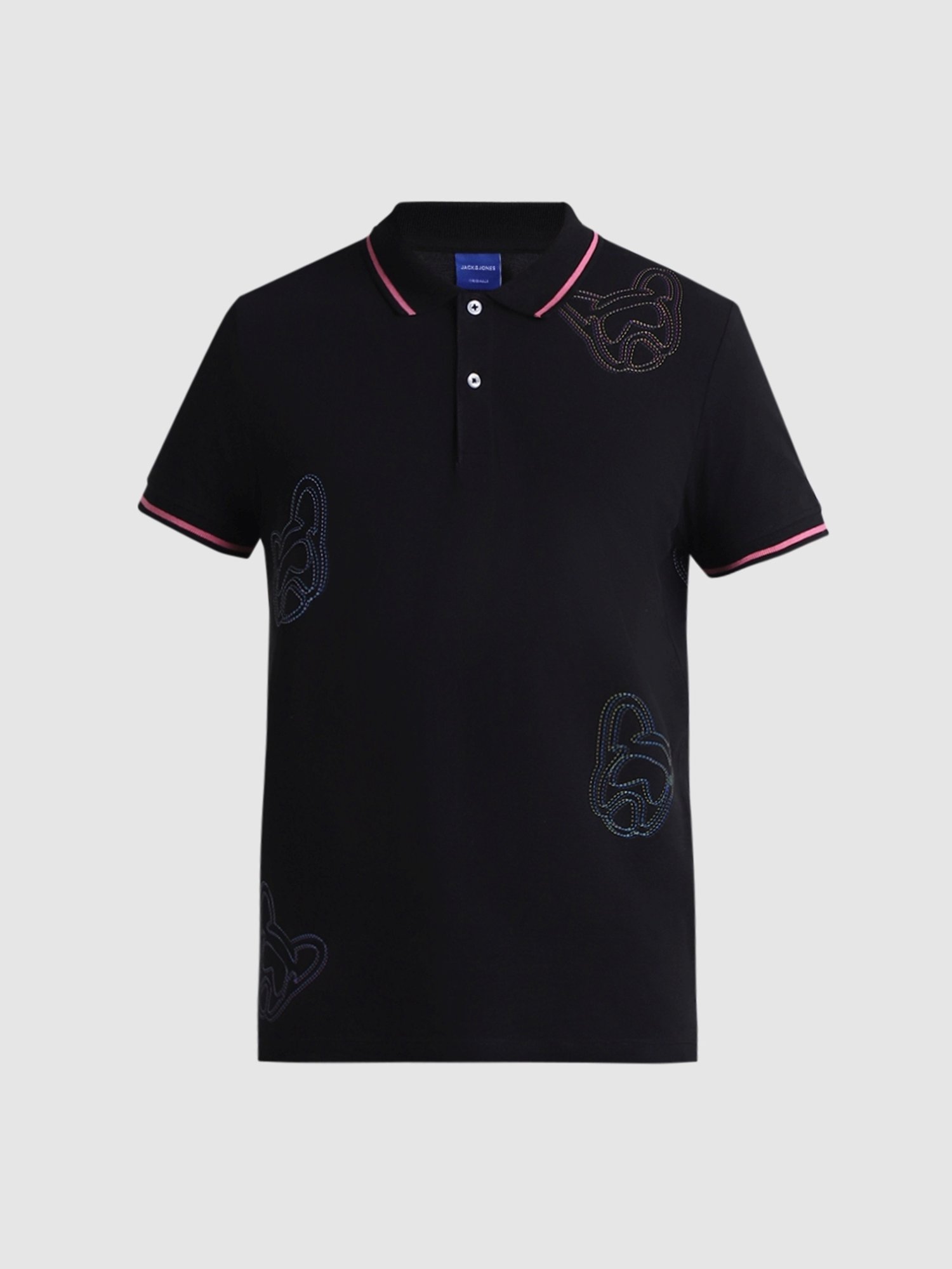 Jack & Jones Jet Black Cotton Slim Fit Self Pattern Polo T-Shirt