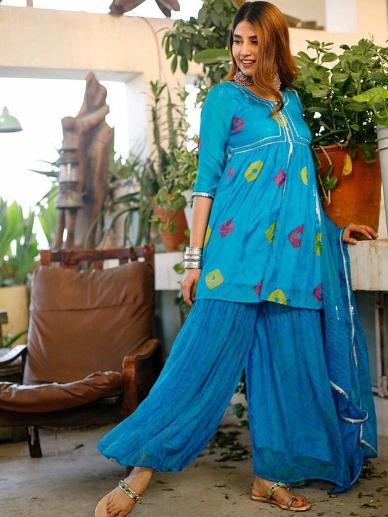 Thread and Button Blue Brig Bandhej Kurta and Palazzo with Dupatta
